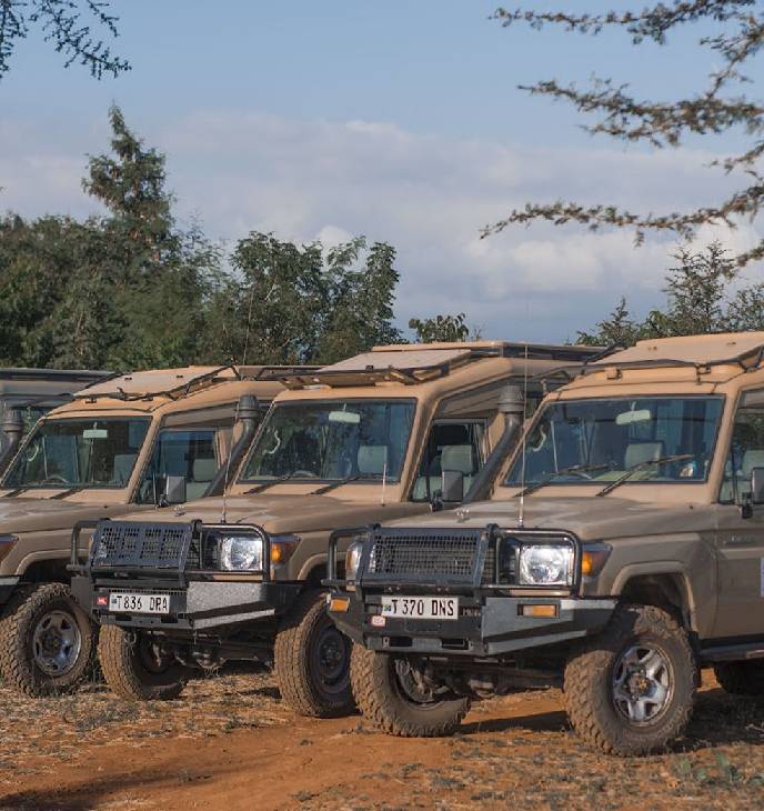 Tanzania safari vehicle at sunset